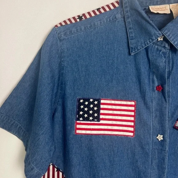 Vintage Roman's 16W Cotton Short Sleeve Patriotic Patchwork Quirky Denim Top - Picture 4 of 9